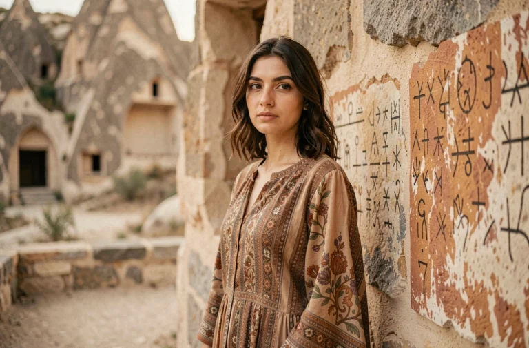 Jeune femme turque en robe brodée devant des symboles anciens en Cappadoce, évoquant l'univers mystique de la série Atiye sur Netflix