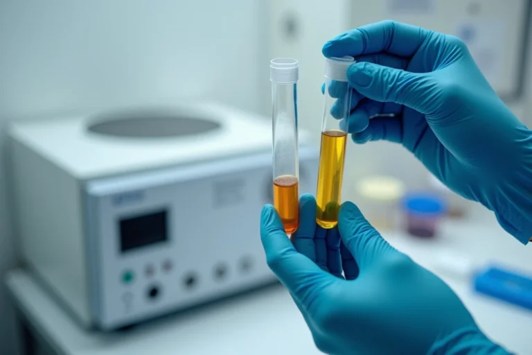 Tube de sérum opalescent laiteux à côté d'un sérum normal lors d'un bilan lipidique en laboratoire