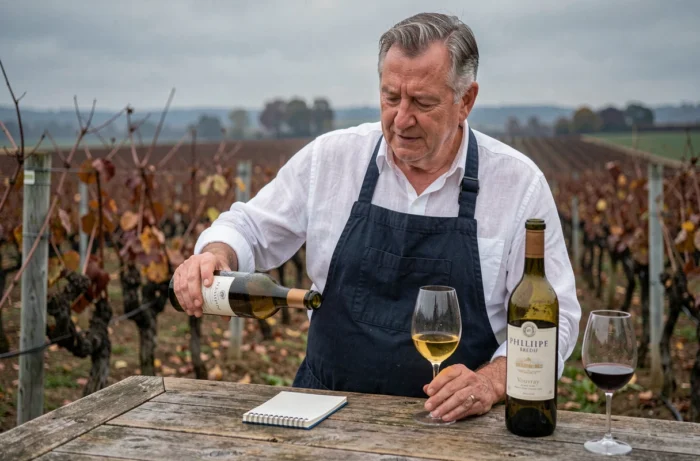 Sommelier versant un Vouvray Philippe Bredif lors d'une dégustation au cœur des vignes de la Loire en automne