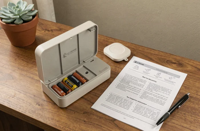 Station météo La Crosse Technology avec compartiment à piles ouvert et manuel d'utilisation ouvert sur un bureau en bois pour une réinitialisation