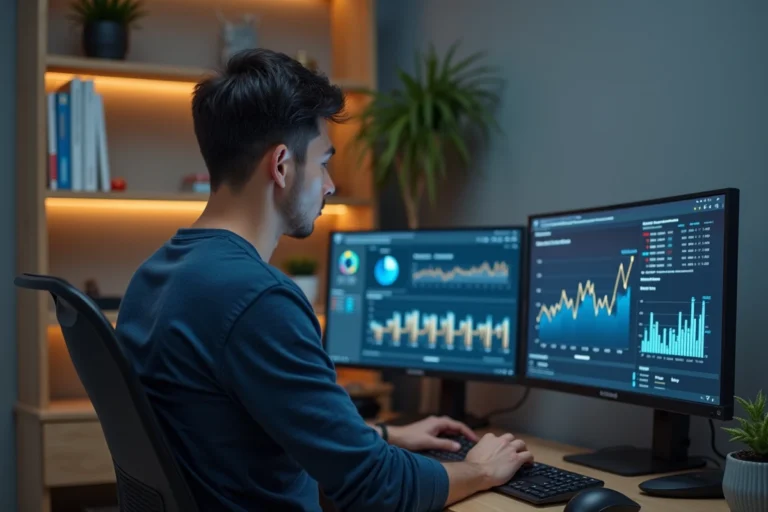 Homme concentré devant deux écrans affichant des stratégies de navigation en ligne et des tableaux de bord numériques en 2026