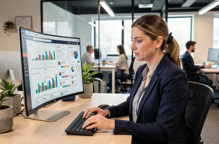 Femme professionnelle analysant une stratégie webmarketing sur un écran d'ordinateur dans un bureau moderne