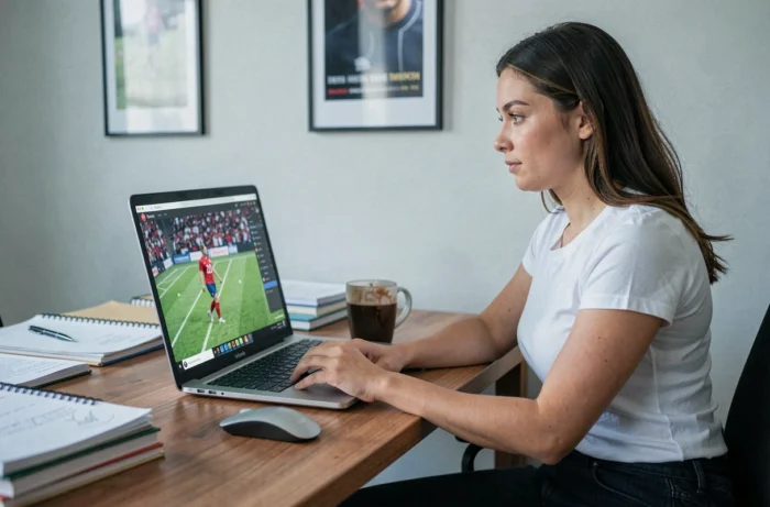 Femme regardant un match de football en streaming gratuit sur son ordinateur portable à domicile