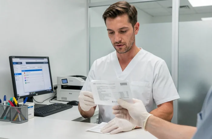 Technicien de laboratoire médical vérifiant une ordonnance médicale remise par un patient pour une analyse de sang
