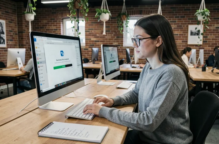 Femme téléchargeant gratuitement Office sur un ordinateur de bureau dans un espace de coworking