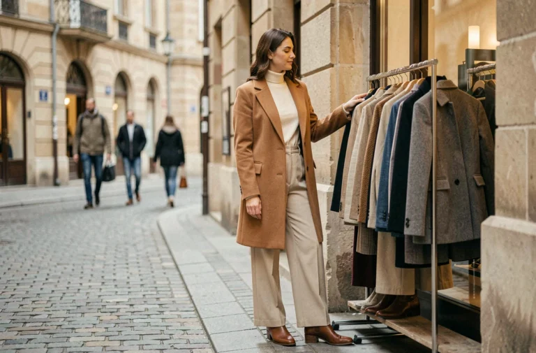 Femme élégante en manteau camel et pantalon large, tendances mode automne-hiver devant une boutique parisienne