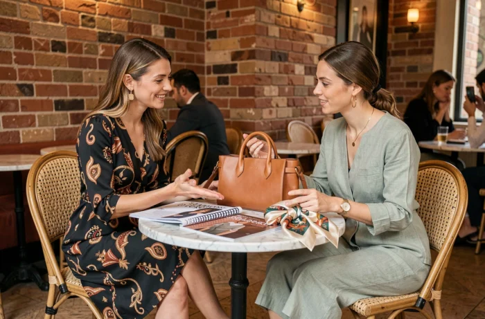 Deux femmes tendance comparant des accessoires de mode dans un café parisien, inspirations style et looks saisonniers