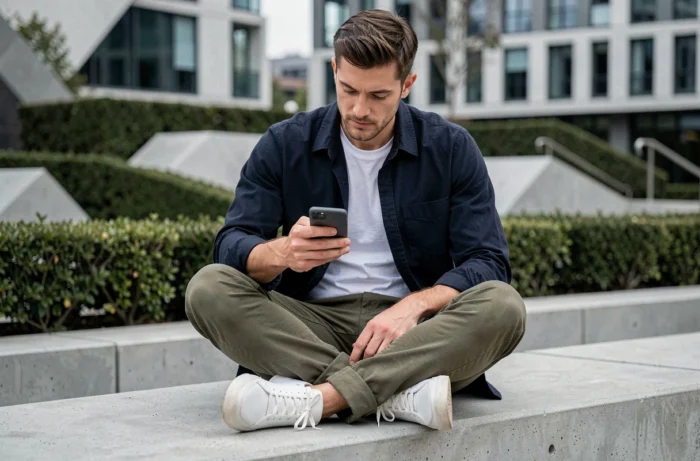 Homme stylé en overshirt marine et cargo olive, tendances mode streetwear masculin dans un parc urbain moderne