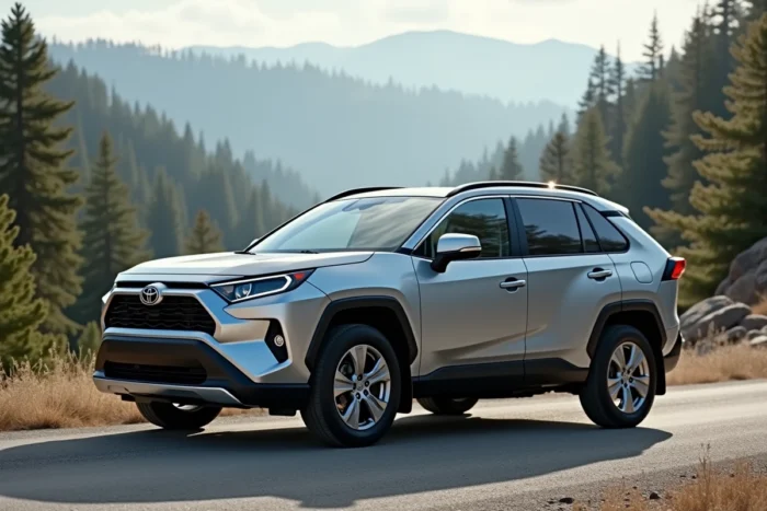 Toyota RAV4 Hybride en version argent garé sur une route de montagne bordée de forêt