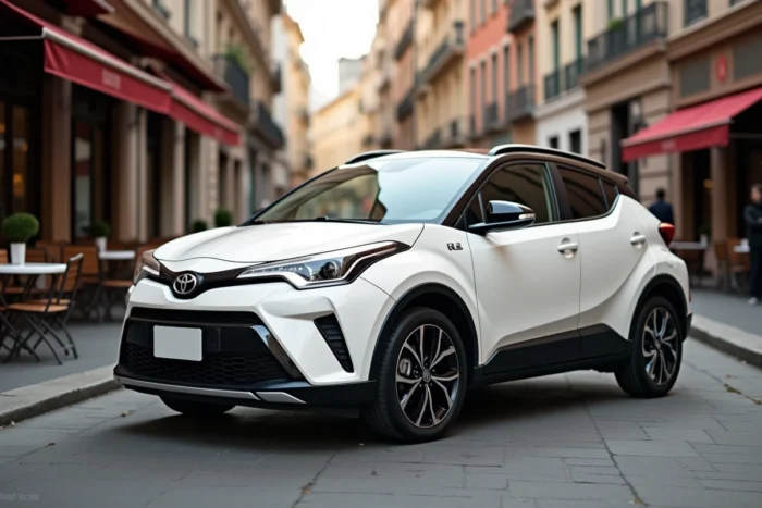 Toyota Yaris Cross Hybride blanc dans une rue commerçante européenne animée