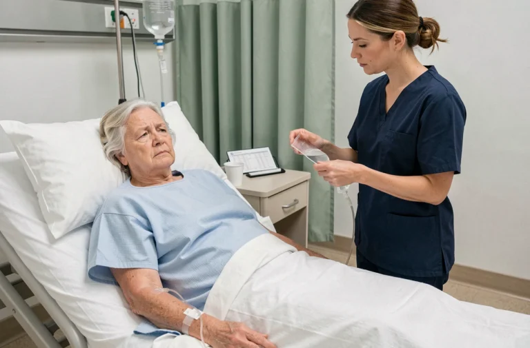 Femme âgée recevant une transfusion sanguine dans un lit d'hôpital surveillée par une infirmière