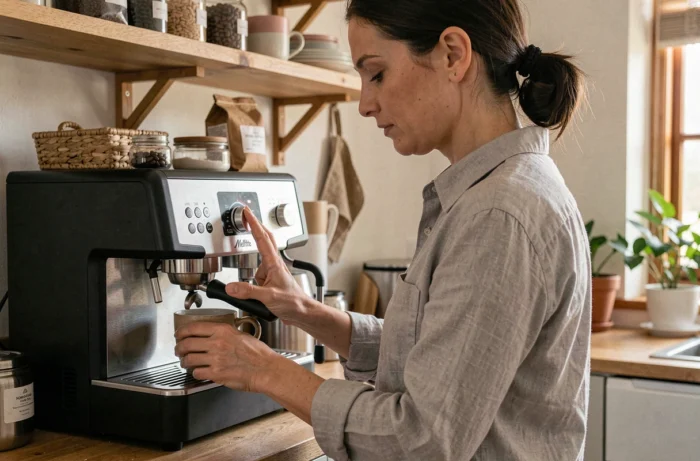 Femme utilisant les commandes de la machine à café Melitta Caffeo Solo E950-222 dans une cuisine moderne