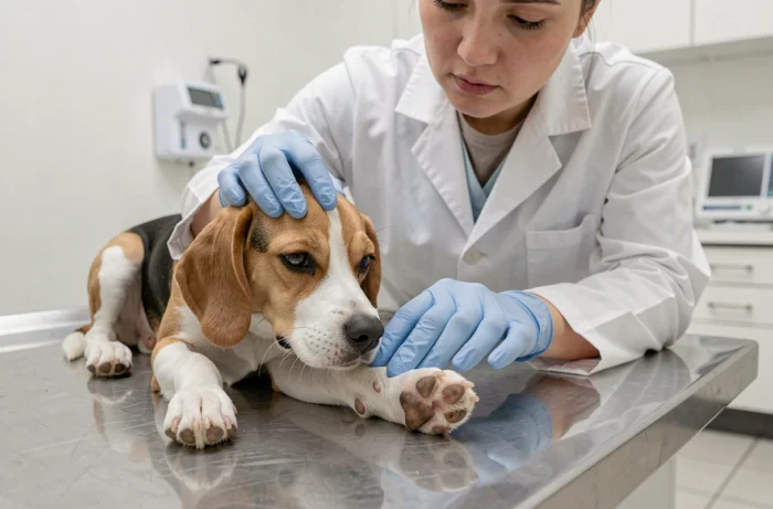 Vétérinaire examinant l'ergot d'un beagle sur une table d'examen dans une clinique vétérinaire