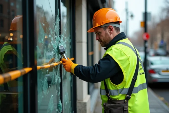 Professional glazier removing glass shards from a damaged shop window in an urban setting
