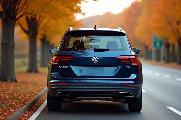 Volkswagen Tiguan TDI bleu nuit garé sur une aire de repos bordée d'arbres en automne