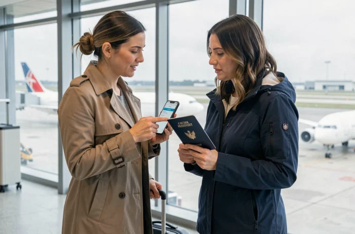 Deux femmes consultant une confirmation de vol sur smartphone près d'une porte d'embarquement, l'une tenant son passeport ouvert