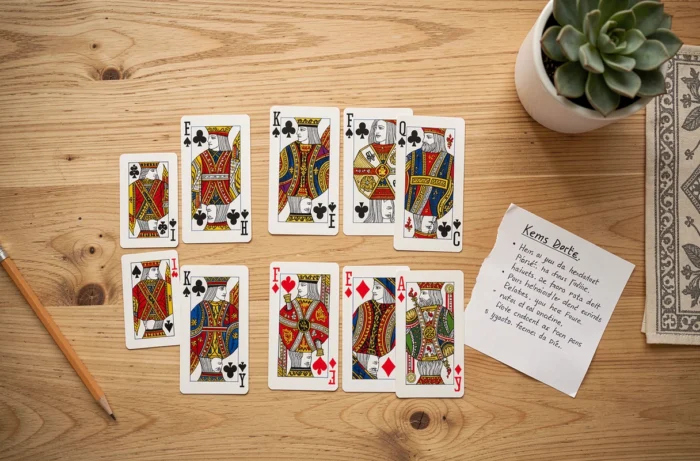 Vue de dessus d'un jeu de cartes disposé sur une table en chêne illustrant les combinaisons du jeu de Kems avec une note manuscrite des règles