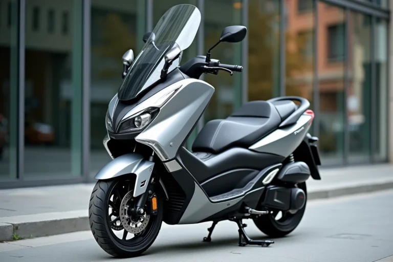 Scooter Yamaha T-Max 750 garé en milieu urbain, vue avant trois quarts, design moderne